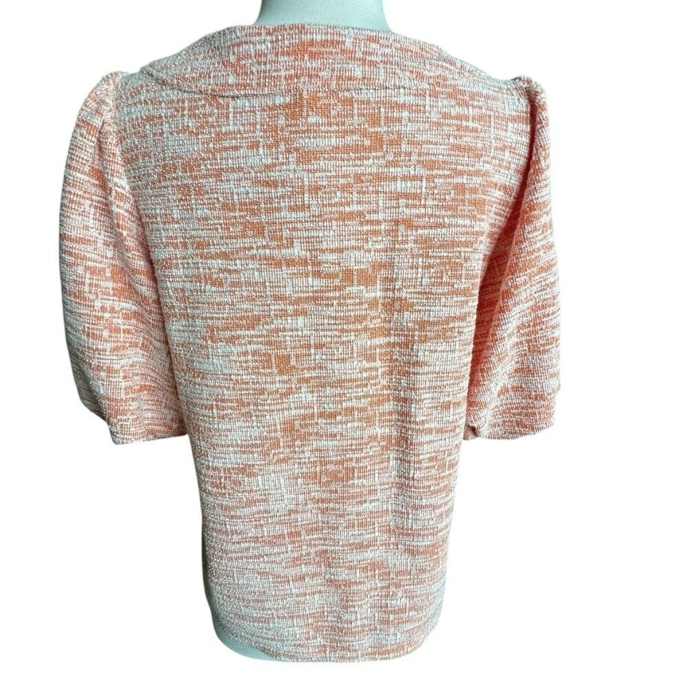 Melloday Knit Top M Orange White Puff Sleeve Tweed Cottagecore Boat Neck Classic - Picture 4 of 14